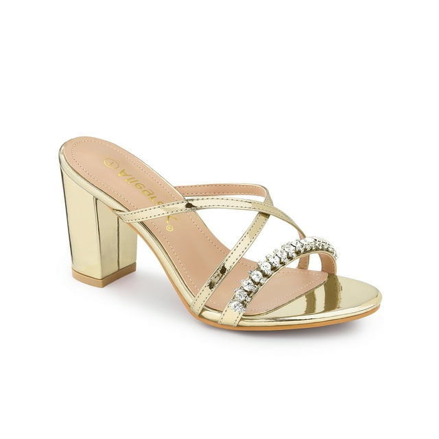 BLISSFUL STEP Women's Crisscross Strap Rhinestone Block Heel Slide Sandals Gold (Size 6.5)