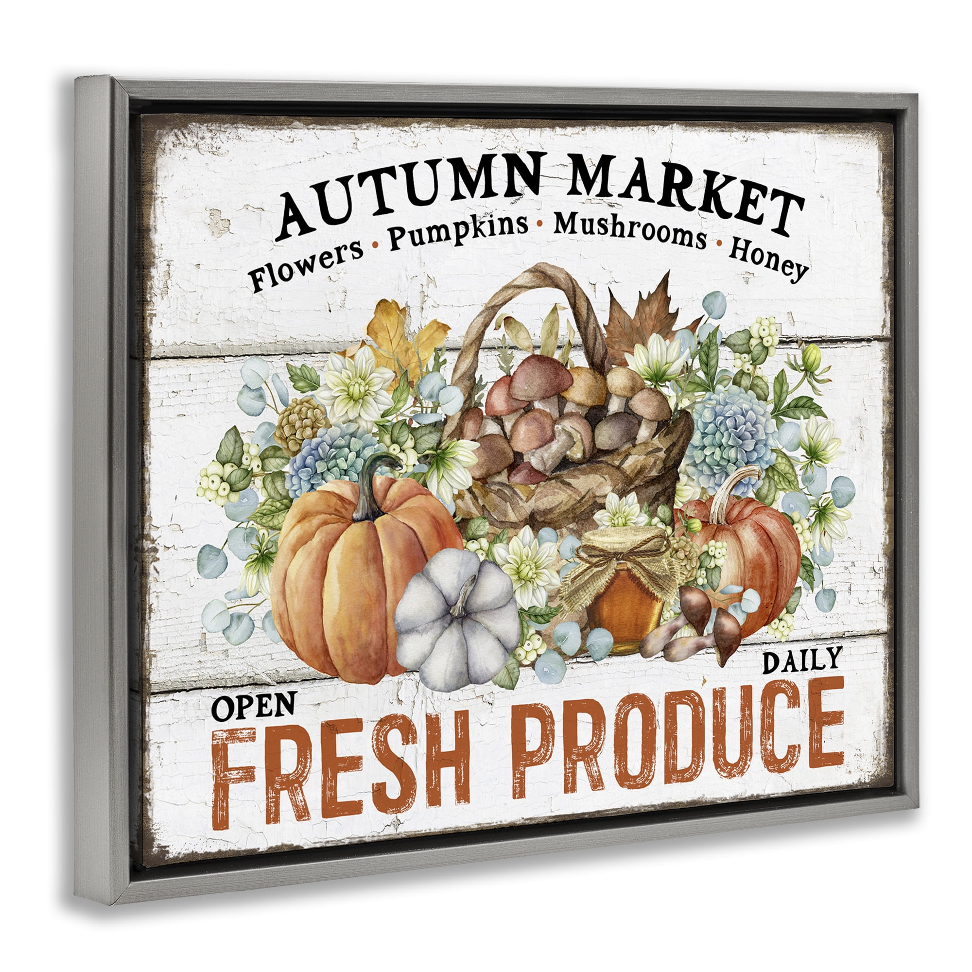 Stupell Industries Fresh Fall Produce Holiday Painting Gray Floater Framed Canvas Art Prints Wall Art, 21 x 17
