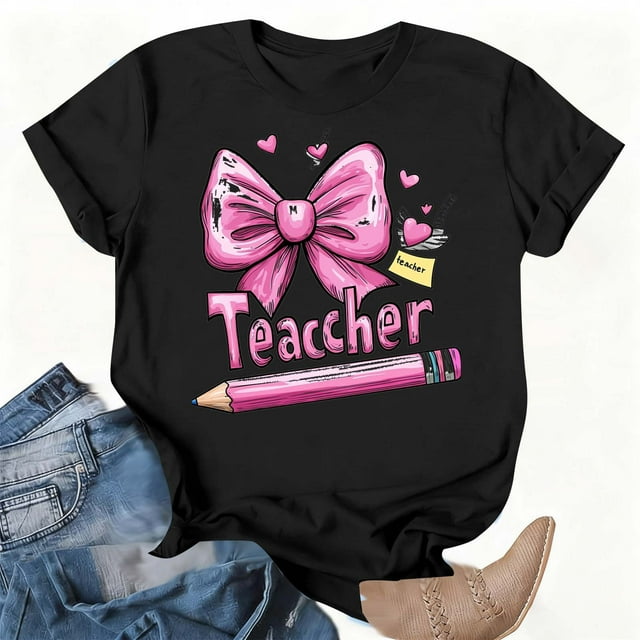 Xuyuer Women Graphic Print Round Neck Short Sleeve T-Shirt, Summer T-Shirt For School Season