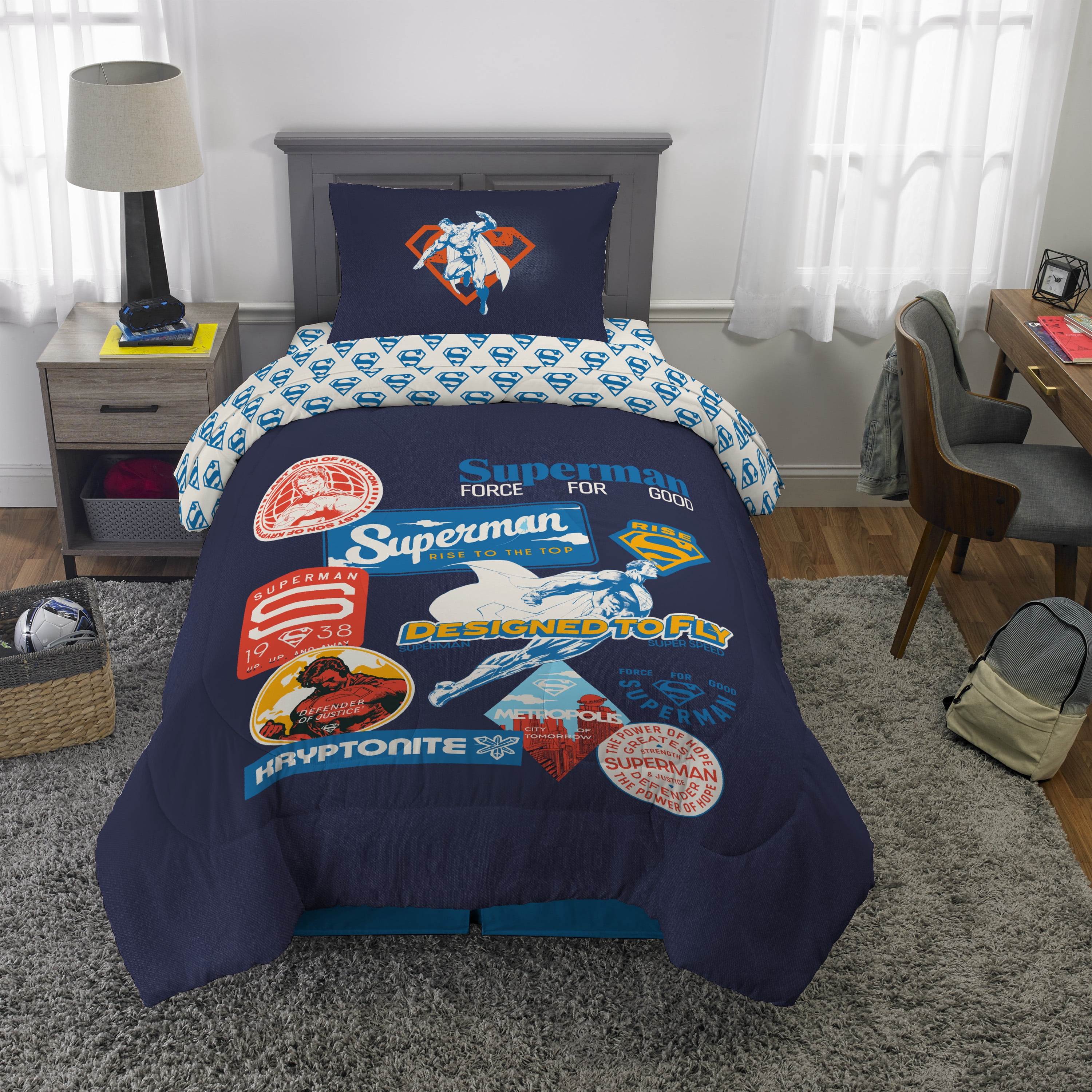 Superman Kids 4 Piece Reversible Comforter Set, Blue Gray, Twin Bed in a Bag