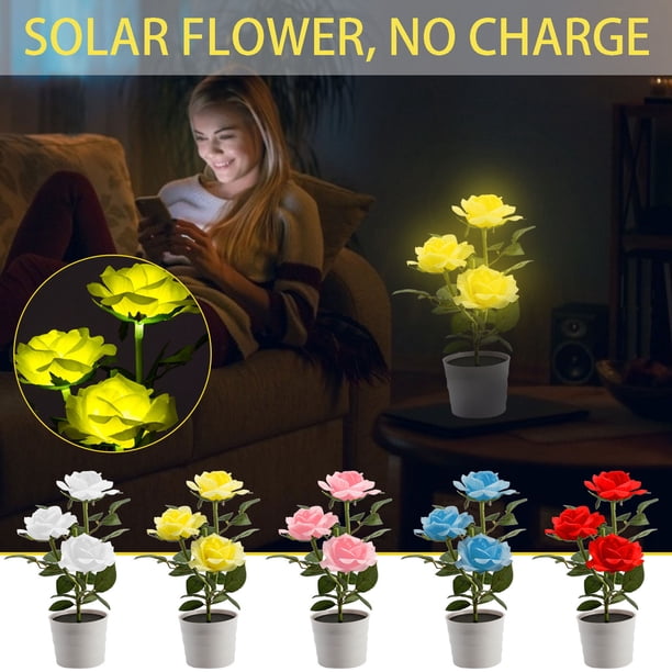Lámpara de mesa Solar LED Rose Lantern | Luz nocturna en maceta de 3 cabezales | Flores artificiales realistas | Decoración de jardín al aire libre | Duración de 12 horas | Resistente al agua