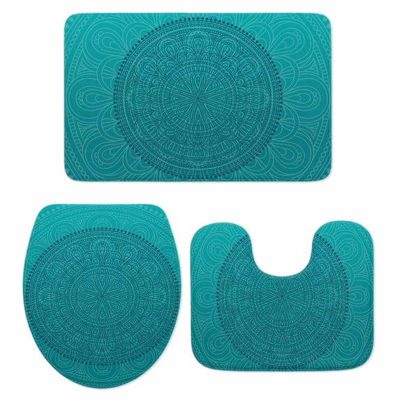 Teal Boho Bath Mat 3 Piece Bathroom Rug Set, Farmhouse Abstract Geometric Aesthetic Art Non Slip Bath Rug Contour Mat and Toilet Lid Cover, Absorbent Shower Mats Soft Bath Rugs and Mats Sets