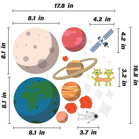 THE CITY - Vinyl Home Multicolored Build A Space Scene Decor Planets Aliens Design Wall Decal Sheet - DIY Kids Bedroom Stick And Peel Outer Space Themed Decoration Removable Wall Sticker 17.8" x 16.8"