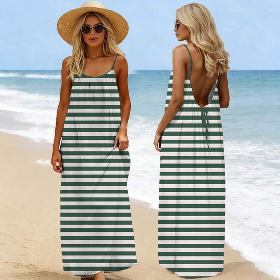 Elvqul Dresses for Women Summer Maxi Dresses Square Neckline Backless Pullover Sleeveless Green Juniors Cami Dresses Striped