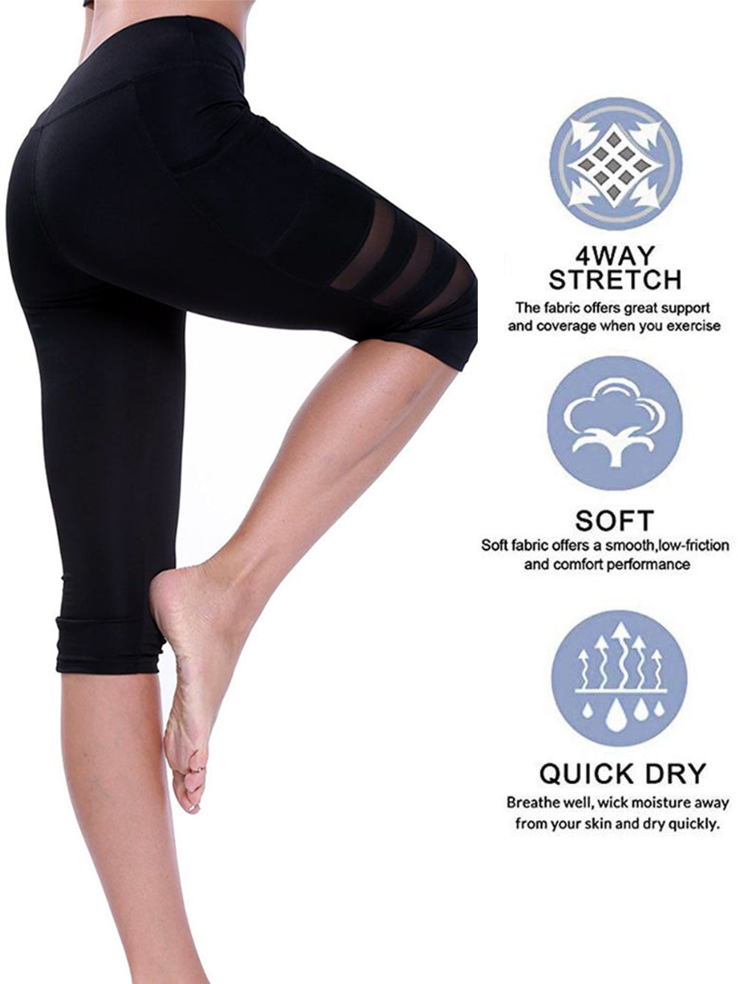 PULLIMORE Women's High Waist Yoga Pants Mesh Running Capri Pants with Side Pockets  Tummy Control Workout Running 4 Way Stretch Sport Leggings Size M 