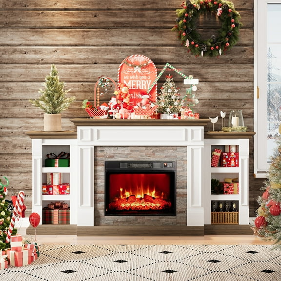 Electric Fireplace with 70" Mantel, Stacked Stone Surround with 23" Fireplace Insert, Adjustable Flame, Remote Control, White