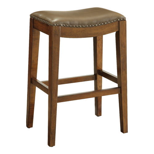 Leather Bar Stool With Back 29" Seat Height Espresso Wood Frame Nailheads 