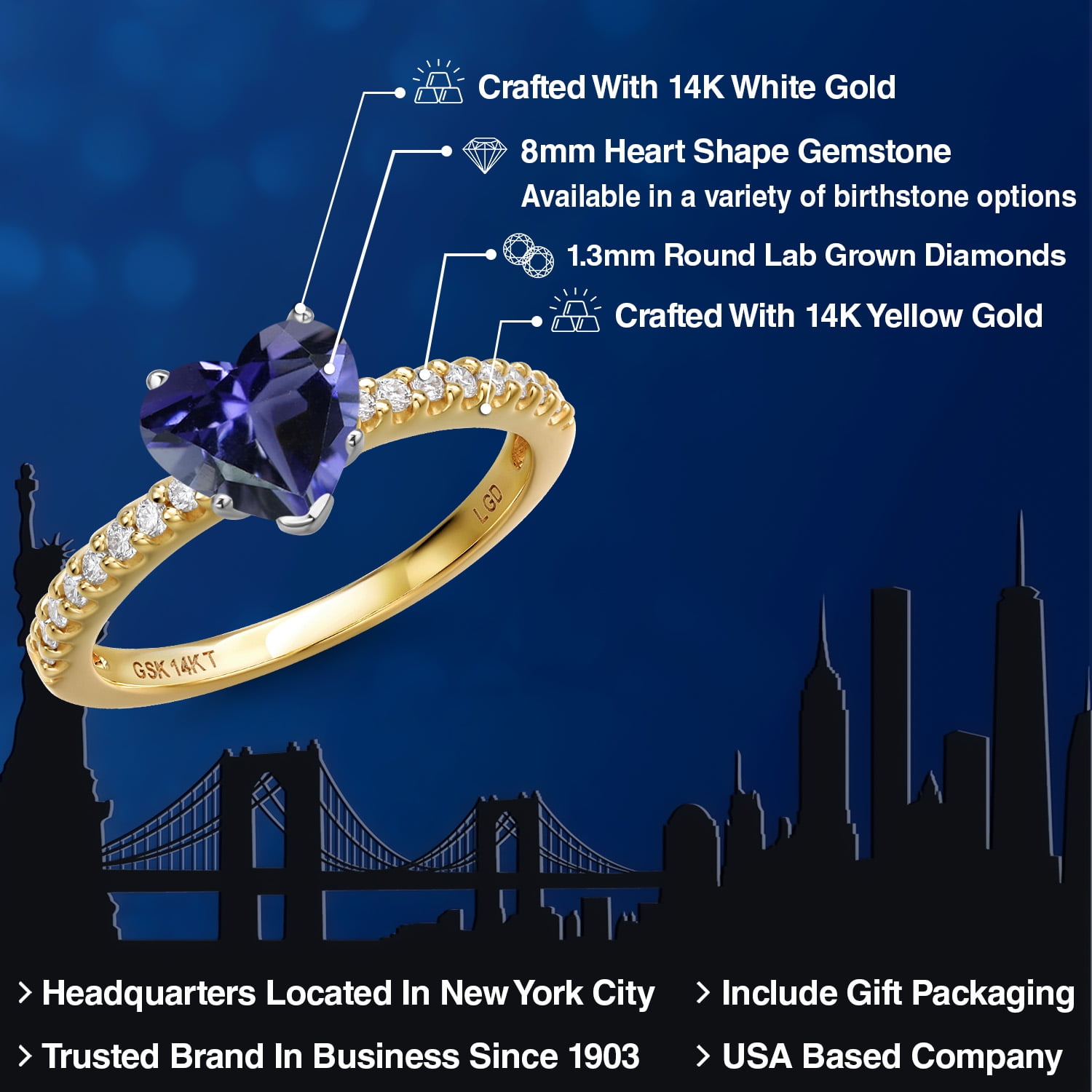 Gem Stone King 14K Two Tone Gold Blue Iolite and Lab Grown Diamond Engagement Ring for Women | 1.41 Cttw | Heart Shape 8MM | Gemstone Birthstone | Size 5