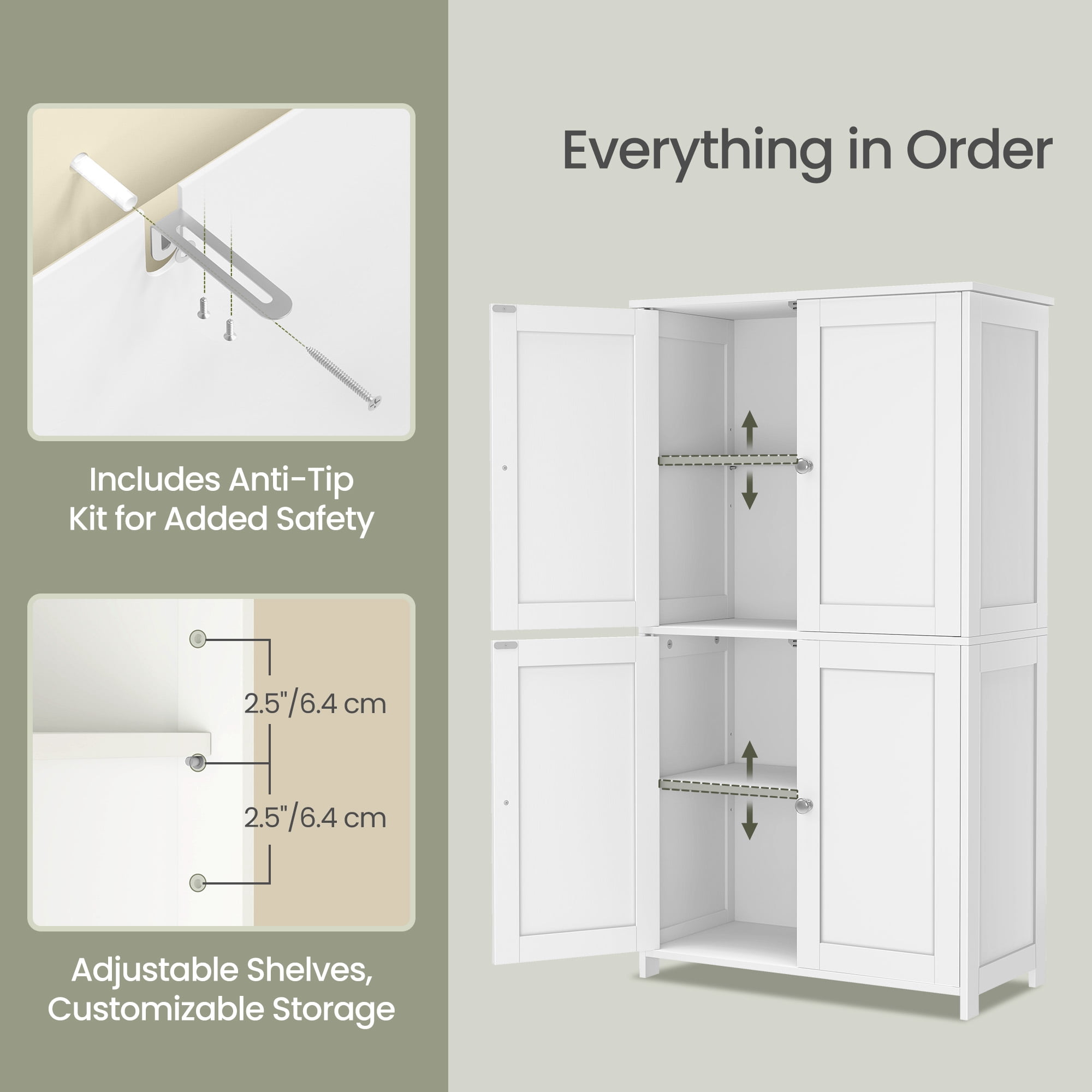 LEDREM Bathroom Storage Floor Cabinet Organizer with Adjustable Shelf 4 Magnetic Doors Freestanding for Small Spaces,White