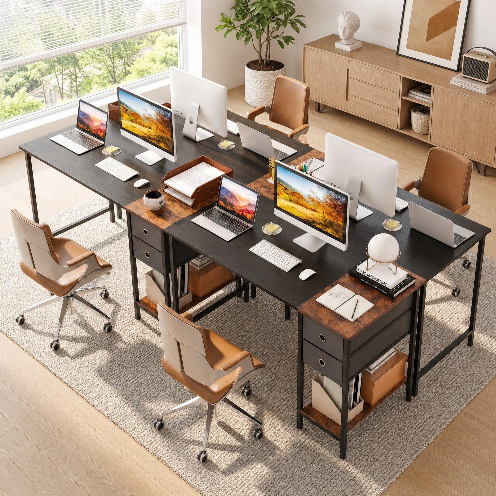 Furnibear 48 Inch Computer Desk with 2 Fabric Drawers Industrial Home Office Desk for Home Office Study Computer Writing Workstation, Black