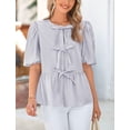 thumbnail image 3 of Blusa PRETTYGARDEN para mujer, con lazo en la parte delantera, a rayas, gris y azul, 3 of 9