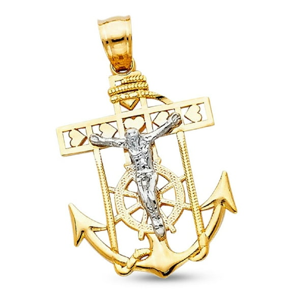 Jesus Mariner Heart Pendant Solid 14k Yellow White Gold Crucifix Anchor Charm Two Tone 26 x 18 mm