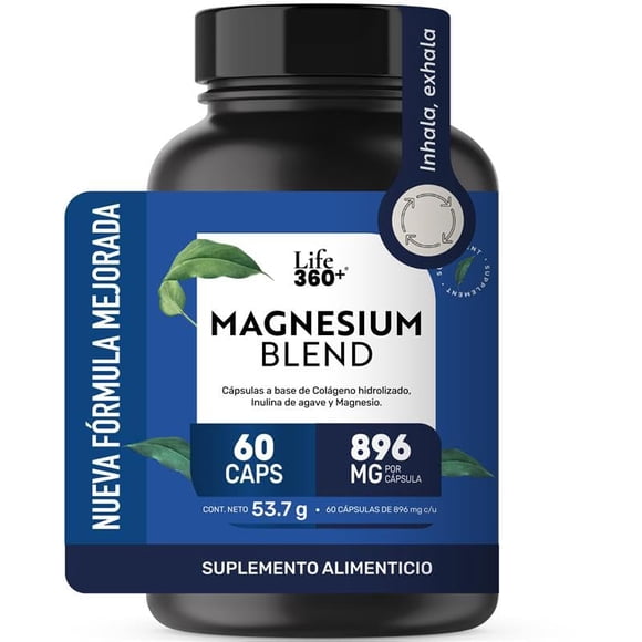LIFE 360+ MAGNESIUM BLEND | Con 4 Magnesios: Oxido, Glicinato, Gluconato y Citrato de Magnesio | Cápsulas a base de colágeno hidrolizado, magnesio y vitaminas | Suplemento Alimenticio | 60 cápsulas