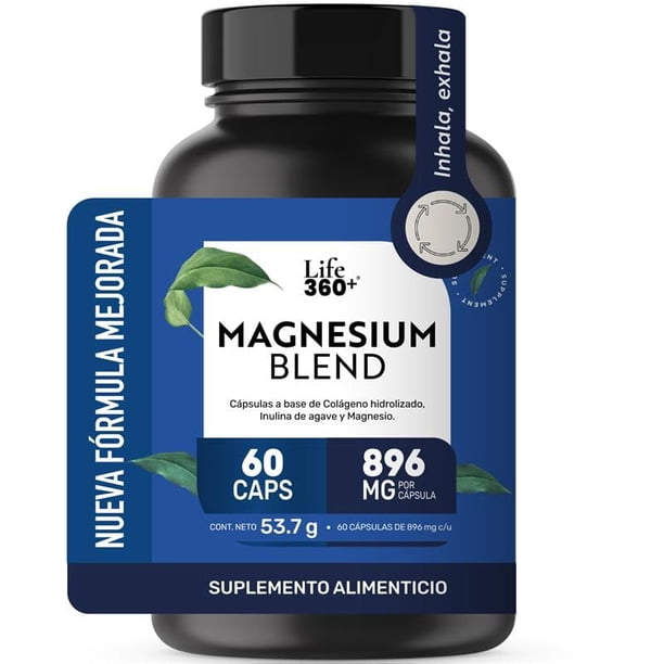 LIFE 360+ MAGNESIUM BLEND | Con 4 Magnesios: Oxido, Glicinato, Gluconato y Citrato de Magnesio | Cápsulas a base de colágeno hidrolizado, magnesio y vitaminas | Suplemento Alimenticio | 60 cápsulas