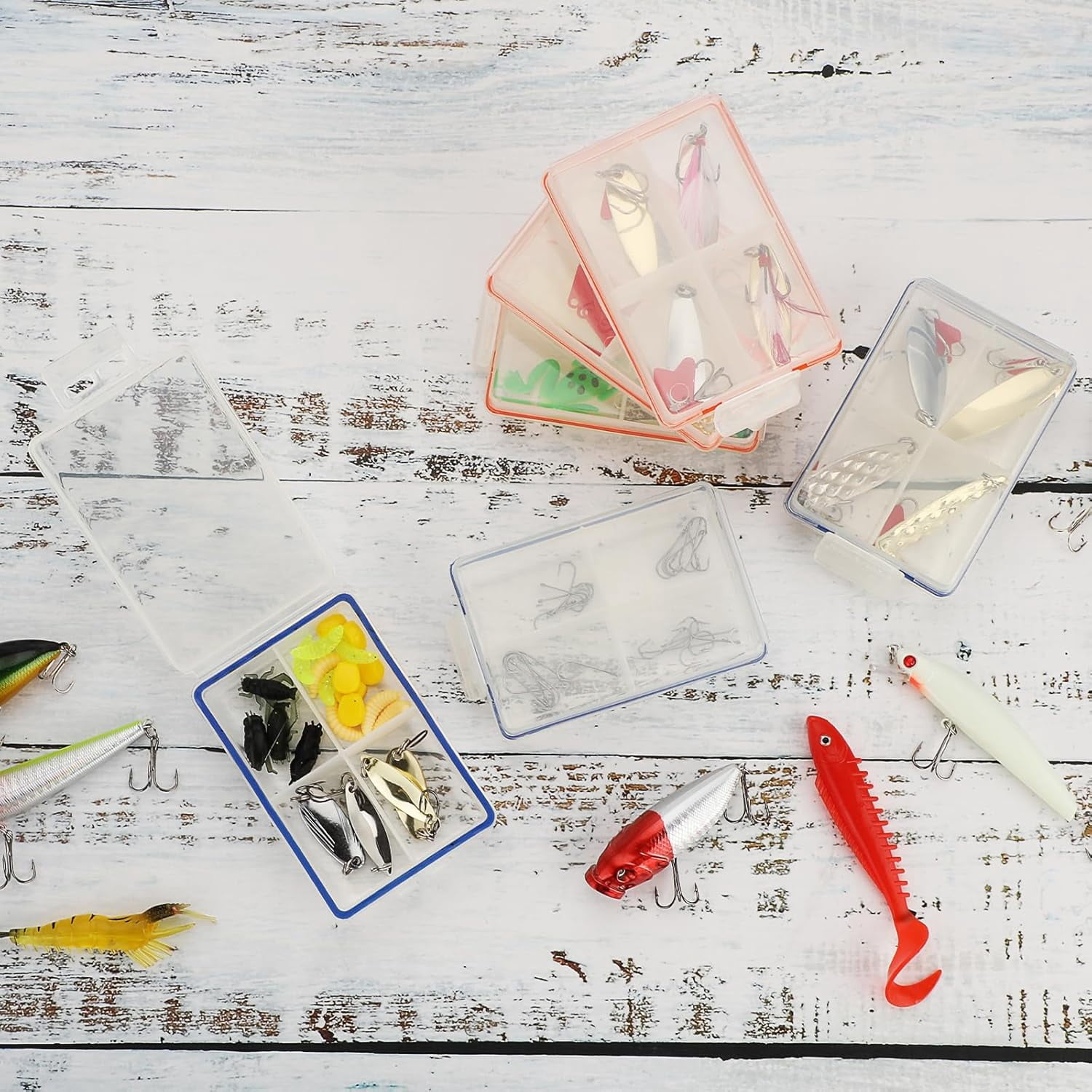 12 Pack Plastic Small Fishing Tackle Box Organizer with 4 Compartments, Clear Mini Fishing Tackle Storage Boxes with Dividers, Transparent Fish Pocket Tackle Storage Box Lure Box