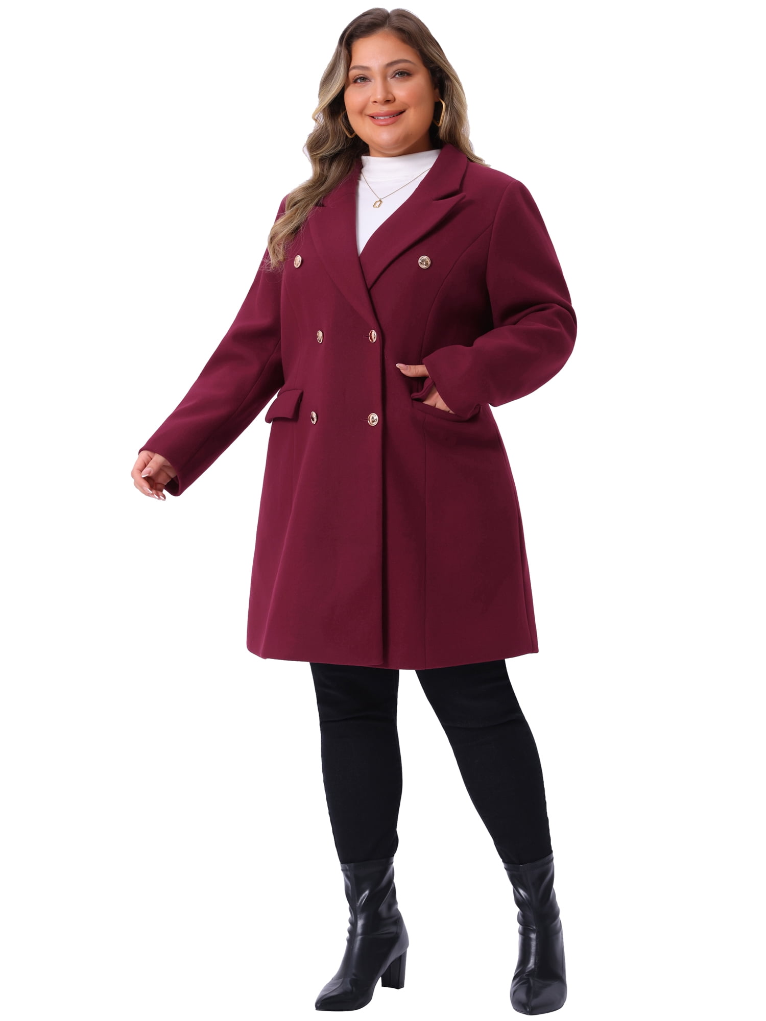 DARING DIVA Women's Plus Size Winter Pea Coat Double Breasted Notch Lapel 1X Burgundy