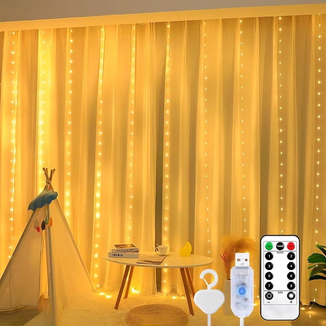 Cortina de luces LED de 200 ledes, color blanco cálido, 3 x 2 m, USB, 8 modos, cadena de luces LED con 10 ganchos, mando a distancia, temporizador, brillo ajustable, para interior y exterior