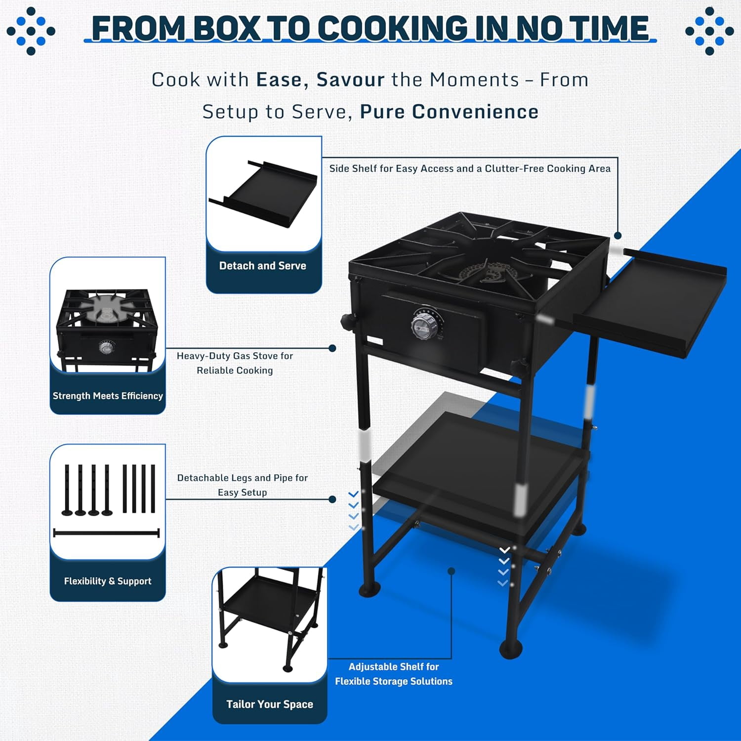 SONRET - Single Burner Propane Stove - 1,30,000 BTU - with Side Shelf & Bottom Shelf