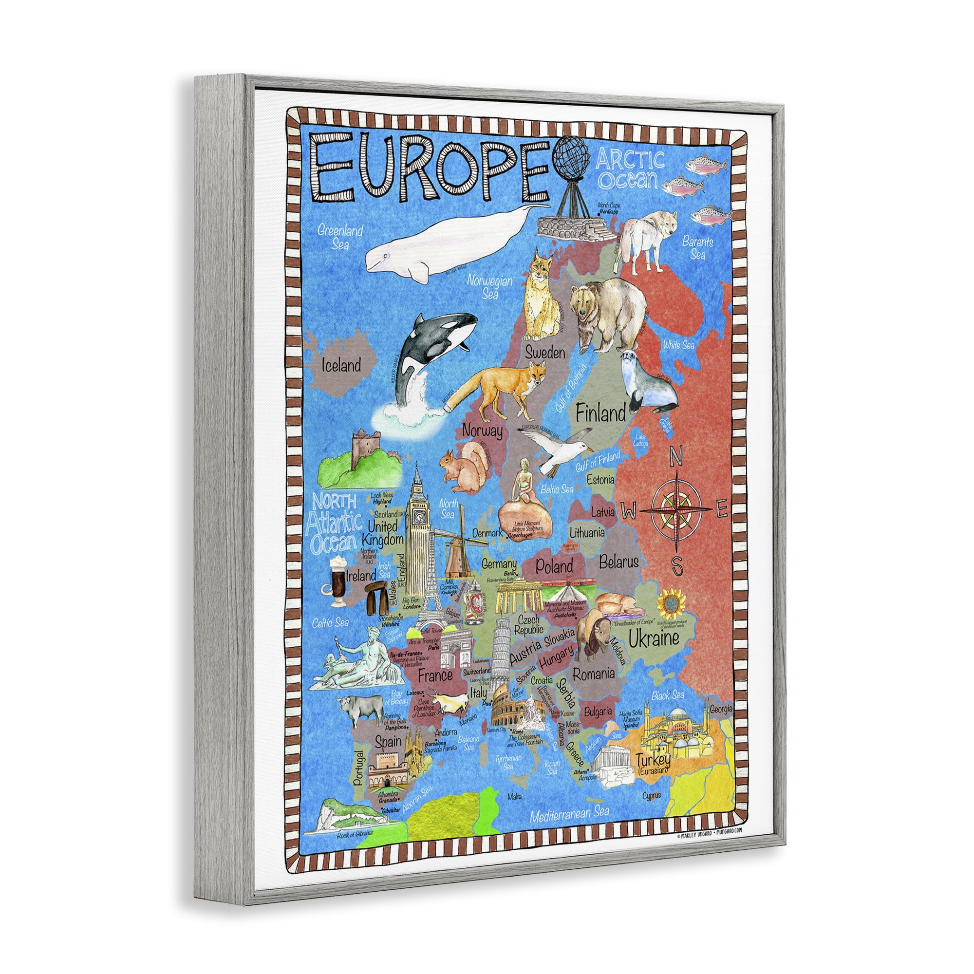 Stupell Industries Europe Animal Map Travel & Places Painting Gray Framed Art Print Wall Art, 16 x 20