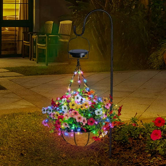 GOESWELL Solar Artificial Hanging Baskets with RGB Solar Lights 10 inch Outside Faux Plant Baskets with Silk Colorful Realistic Petunias for Porch Garden Decor