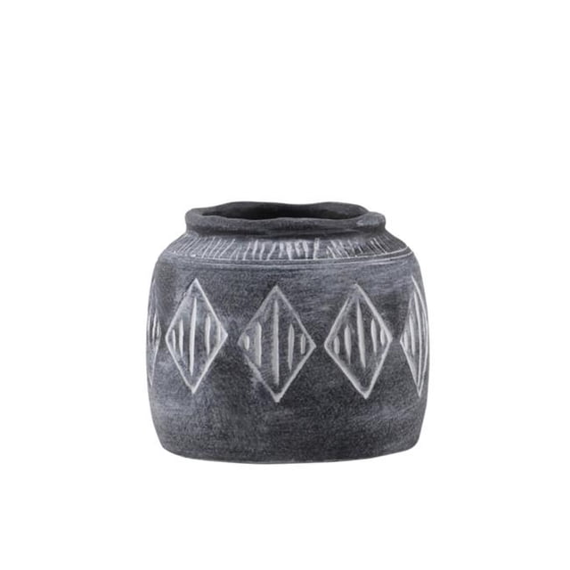Benjara BM208724 Round Cement Pot with Banded Rim Mouth & Diamond Pattern, Gray - Small
