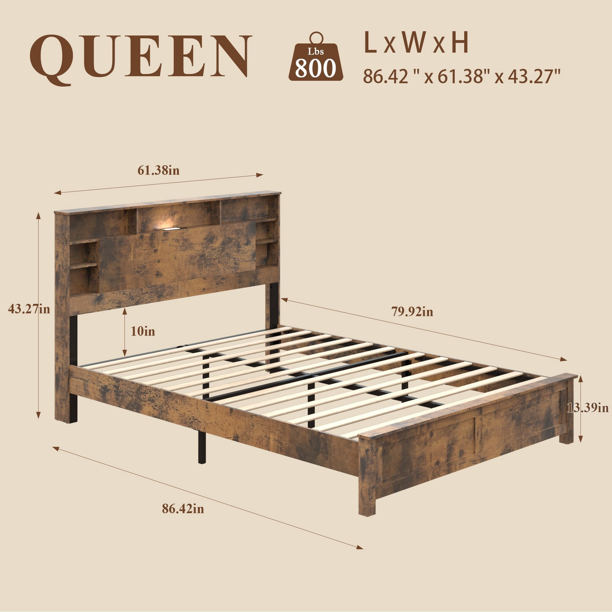DEALTOPS Queen Size Platform Bed Frame with Storage Headboard, LED Light & Charging Station, Rustic Brown