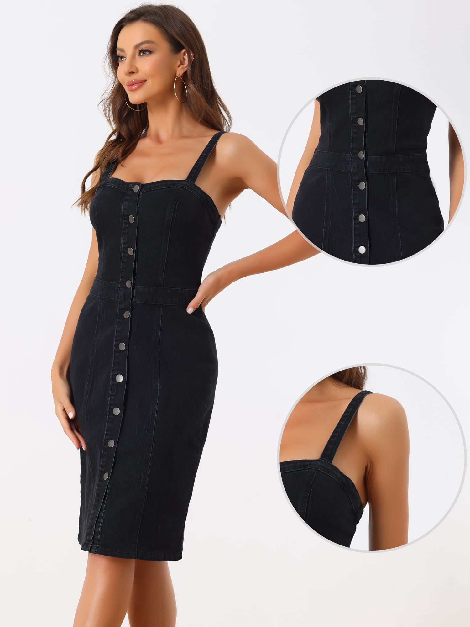 DARING DIVA Button Down Denim Sleeveless Sweetheart Neck Jean Dresses XL Black