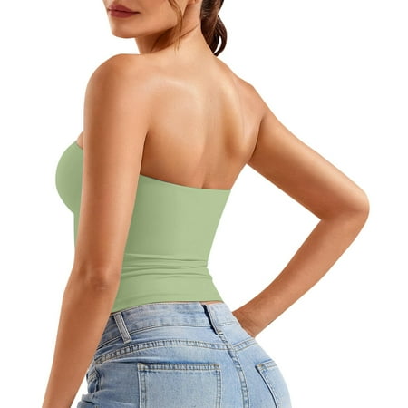 SNKSDGM Female White Tank Top Woman with Built in Bra Womens Ribbed Tank Top Long Womens Sexy Solid Color Crop Top Strapless Bandeau Tube Top Sleeveless Backless Tank Vest L