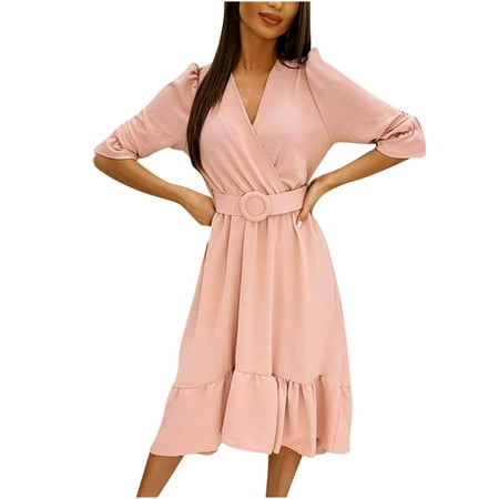 

LWZWM Dresses for Wedding Guest Flared Dress V Neck Solid Color Ruffled Irregular Hem Half Sleeve Slim Fit Belt Dress(Includes Belt) Golf Dress Date Night Dress Wrap Dress