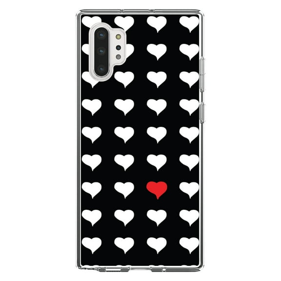 DistinctInk Clear Shockproof Hybrid Case for Galaxy Note 10 PLUS (6.8" Screen) - TPU Bumper, Acrylic Back, Tempered Glass Screen Protector - Red White Black Repeating Hearts