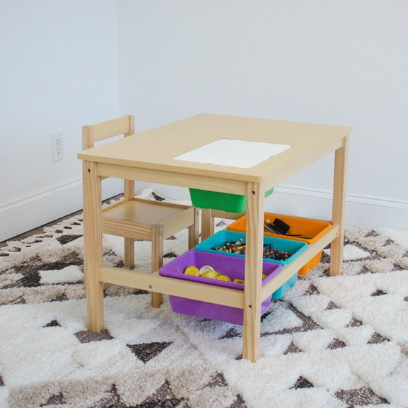 Humble Crew Kids Table and Chair Set with 4 Multicolor Storage Bins, Natural/Orange/Green/Purple