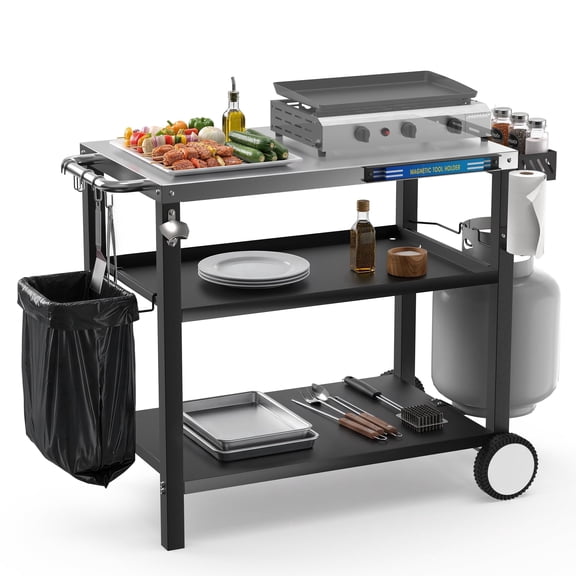 FLARO Outdoor Grill Cart, 38×20 in Heavy Duty Griddle Stand, Bbq Prep Table With Storage and Wheels, Rustproof Silver