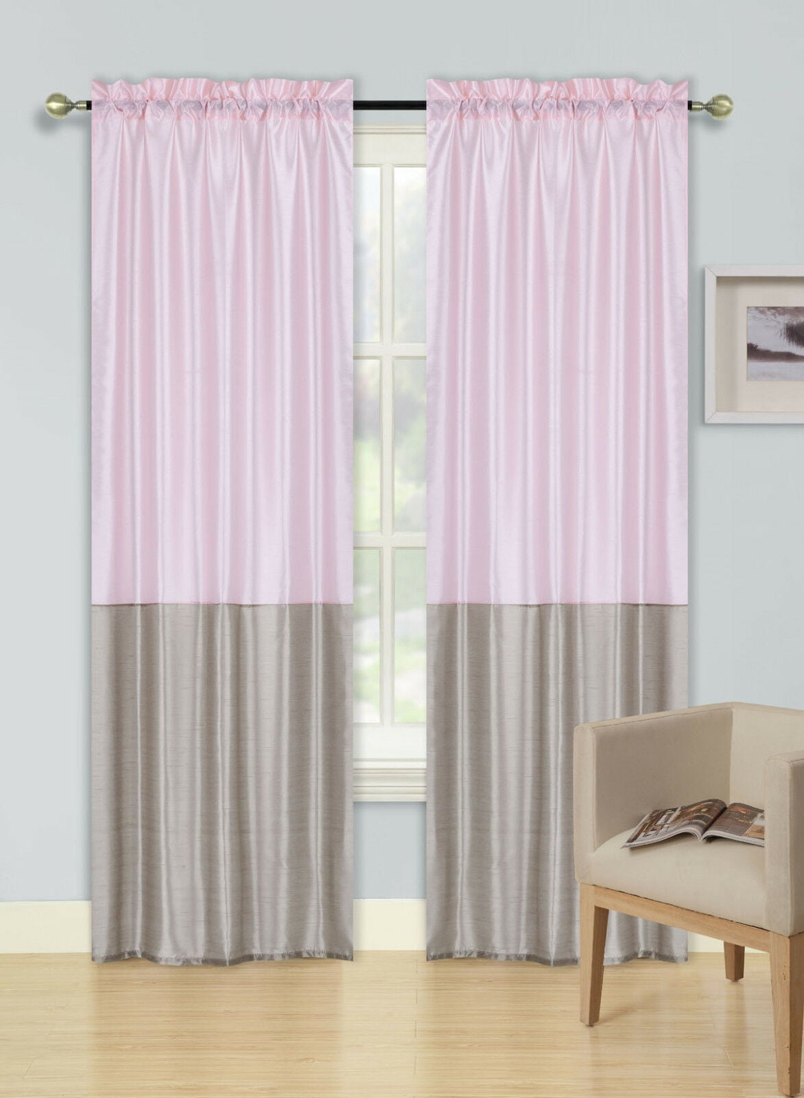 2PC ANY CURTAINS WINDOW  2TONE COLORS SEE THROUGH PANEL FAUX SILK ROD POCKET NEW 