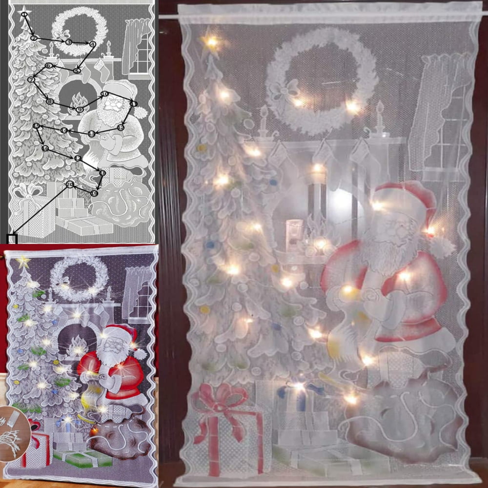 CUH 1-Piece Xmas Sheer Door Window Curtain,Christmas Lace Voile Window Drape,Santa Claus Tulle Wall Curtain Panel With LED Light-W:40'xL:84'