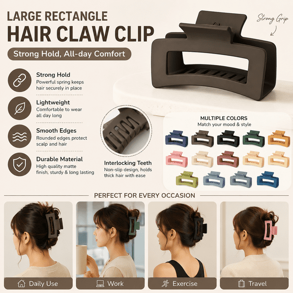 2-Pack Strong Hold Large Hair Claw Clips, Non-Slip Durable Jaw Clips for Thick Curly Fine Hair, All-Day Grip Styling Hair Accessories for Women Daily Casual Use