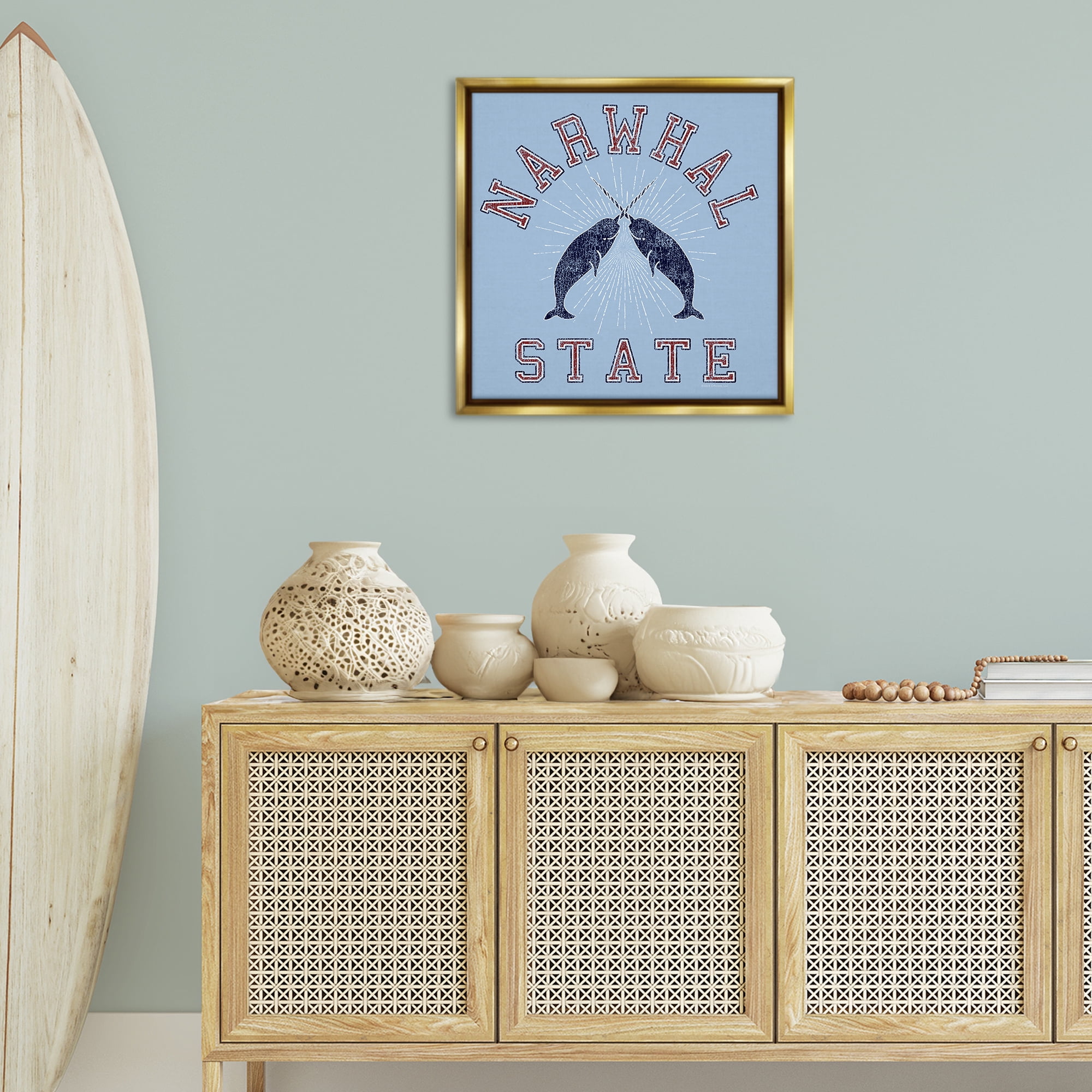 Stupell Industries Vintage Narwhal State Animals Painting Gold Floater Framed Canvas Art Print Wall Art, 25 x 25