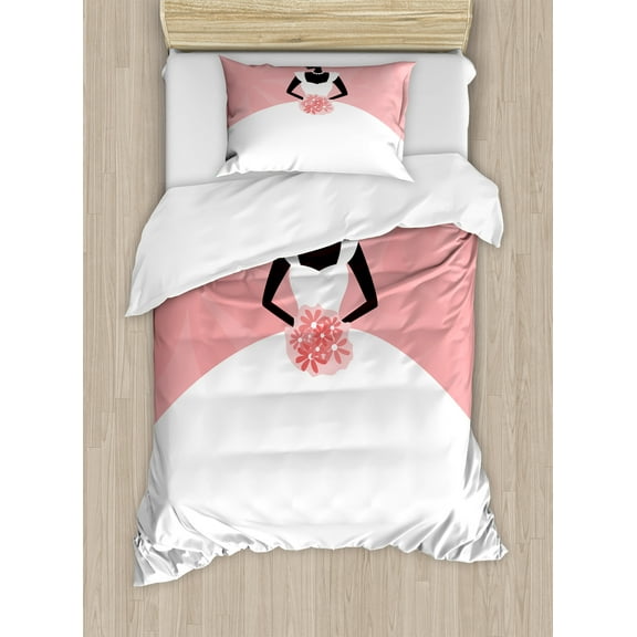 Bridal Shower Duvet Cover Set, Wedding Dress with Flowers Abstract Backdrop Celebration Print, Decorative 2 Piece Bedding Set with 1 Pillow Shams, Twin Size, Black White and Salmon, by Ambesonne