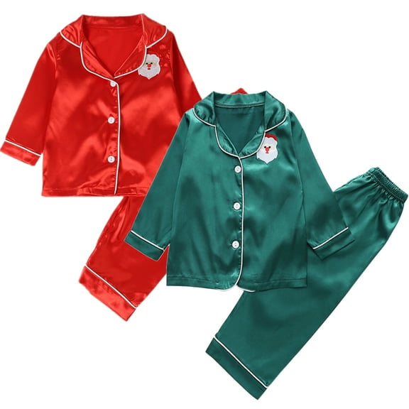 2-10Y Christmas Santa Toddler Baby Children Satin Pajamas Set Long Sleeve Button-Down Sleepwear PJs for Boy Girl