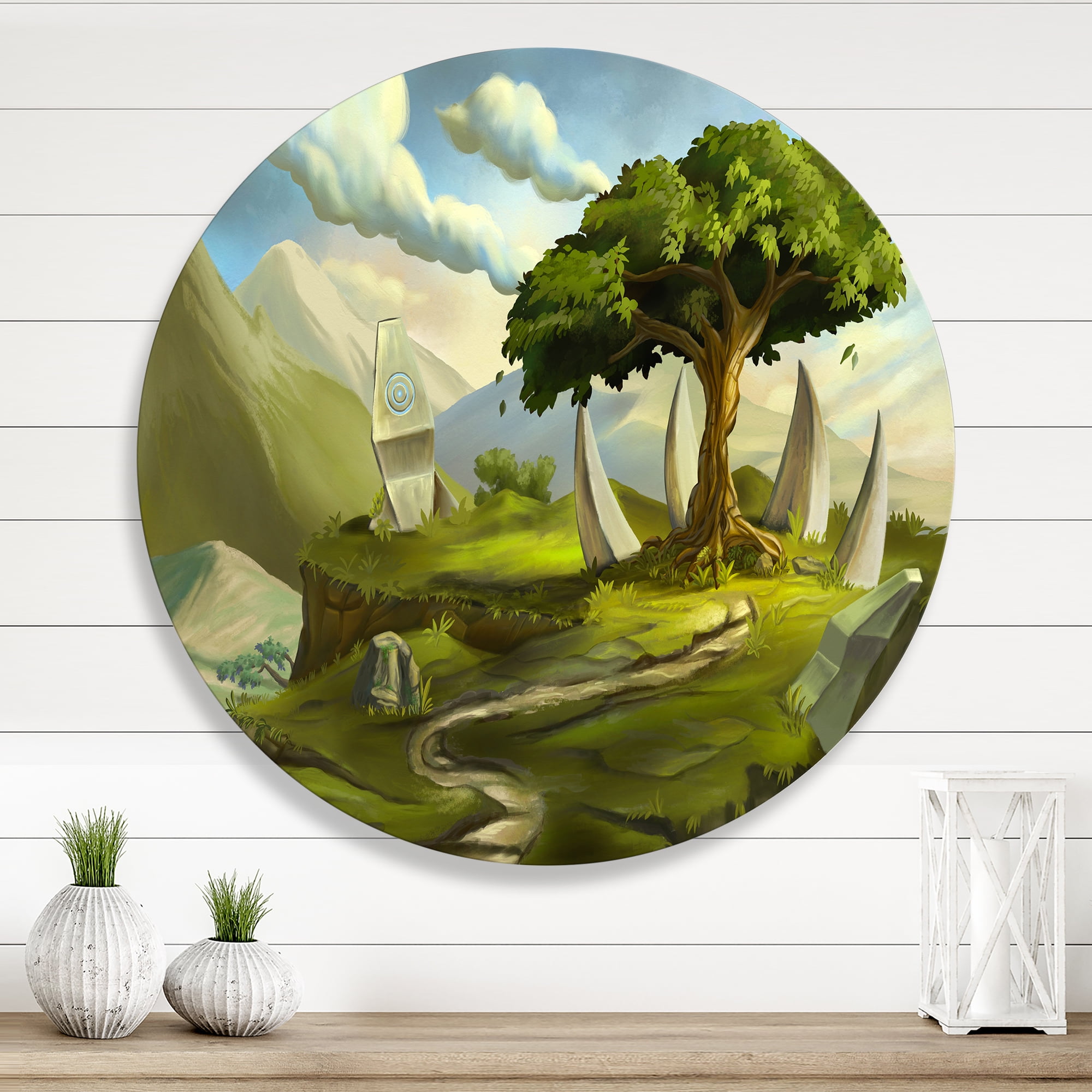 Designart 'Sacred Tree In A Fantasy Green Landscape' Traditional Circle Metal Wall Art 23x23 - Disc of 23