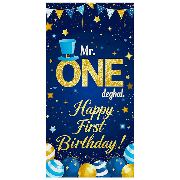 Blue Gold Starry First Birthday Banner with Top Hat Decoration Backdrop for Birthday Party Photography Props Party Decorations Happy First Birthday Celebrations