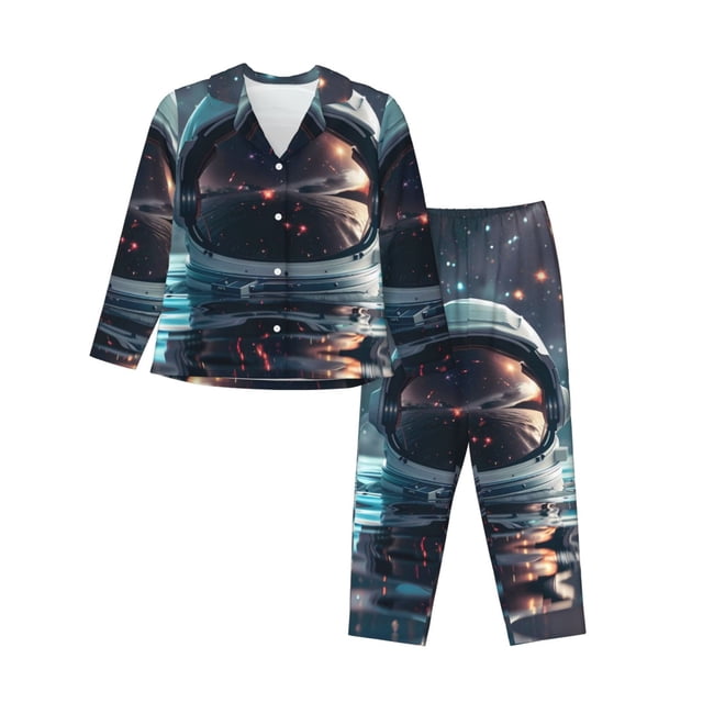 Balery Astronaut Helmet Reflections Conjunto de Pijama con Estampado para Mujer, Conjunto de Dos Piezas con Manga Larga, Ropa de Dormir Suave con Bolsillos, Pijamas Cómodos-X-Large