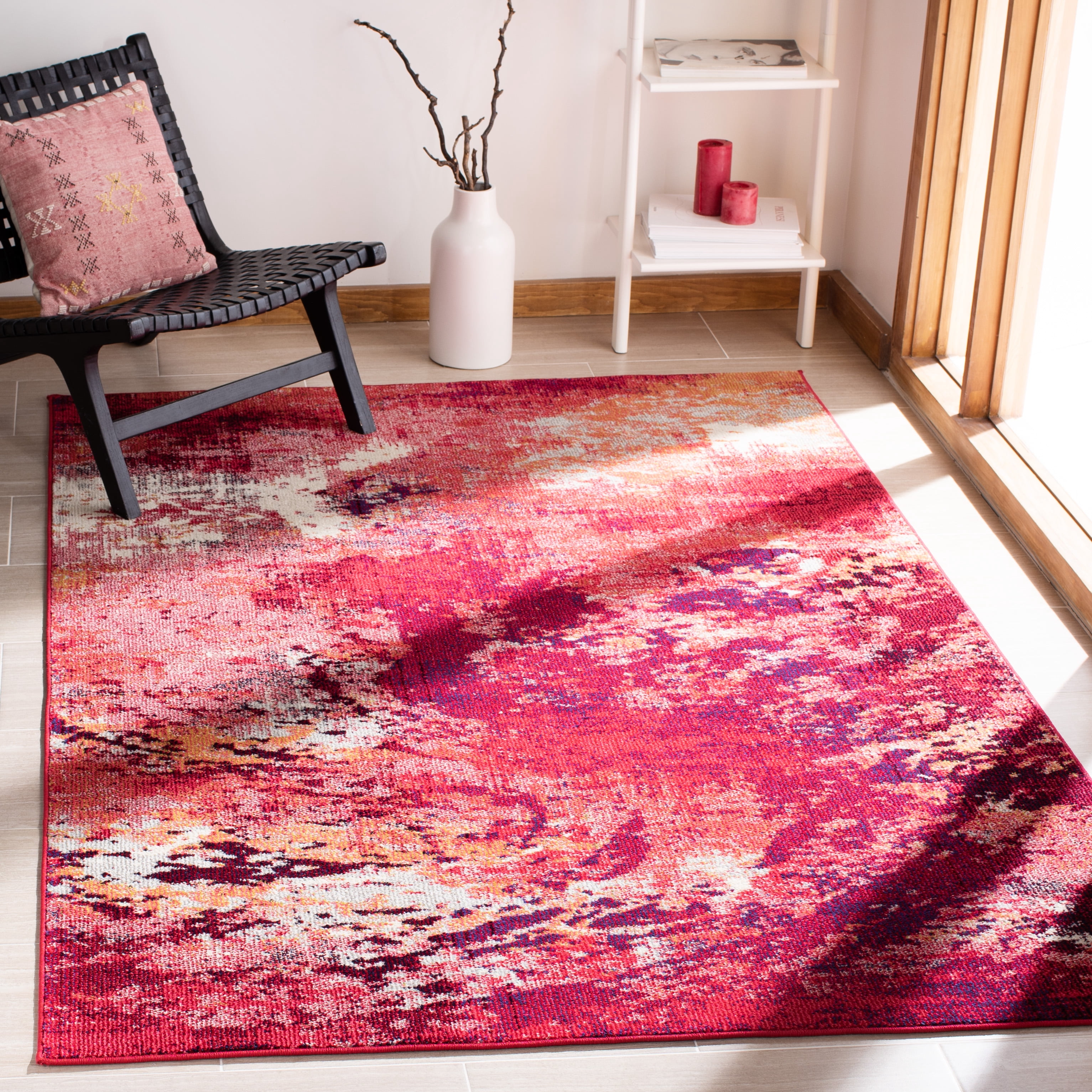 SAFAVIEH Madison Oscar Abstract Distressed Area Rug, Red/Ivory, 6'7" x 6'7" Square