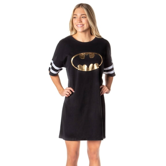 DC Comics Womens' Batman Nightgown Classic Logo Bat-Symbol Jersey Stripe Short-Sleeve Pajama Nightdress Lounge Sleepwear