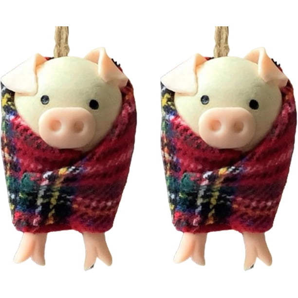 Cerdos en mantas, decoración navideña, colgante de cerdo de Navidad de dibujos animados lindo hecho a mano con accesorios de cerdito de madera, adorno divertido para árbol de Navidad para decoración n