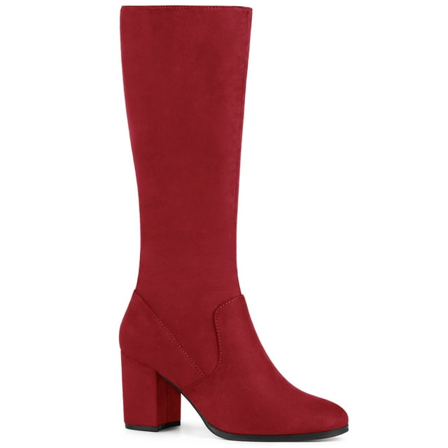 Unique Bargains Women's Round Toe Chunky Heels Knee High Boots Red (Size 7)