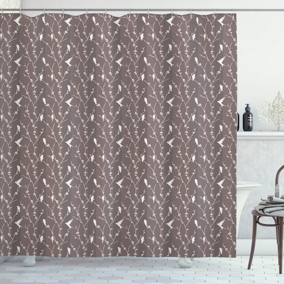 Birds Shower Curtain, Silhouette of Flying Resplendent Quetzal Bird Among Vertical Branches, Fabric Bathroom Set with Hooks, 69W X 84L Inches Extra Long, Ivory Taupe and Dimgrey, by Ambesonne