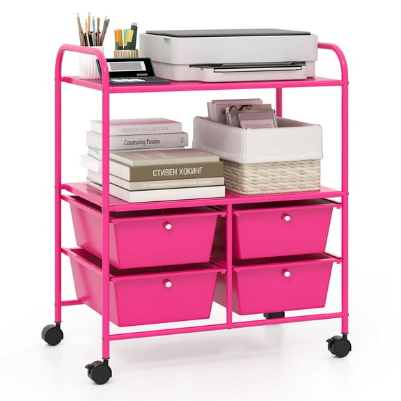 Gymax Rolling Storage Cart w/4 Drawers & 2 Shelves Multipurpose Plastic Trolley on Pink