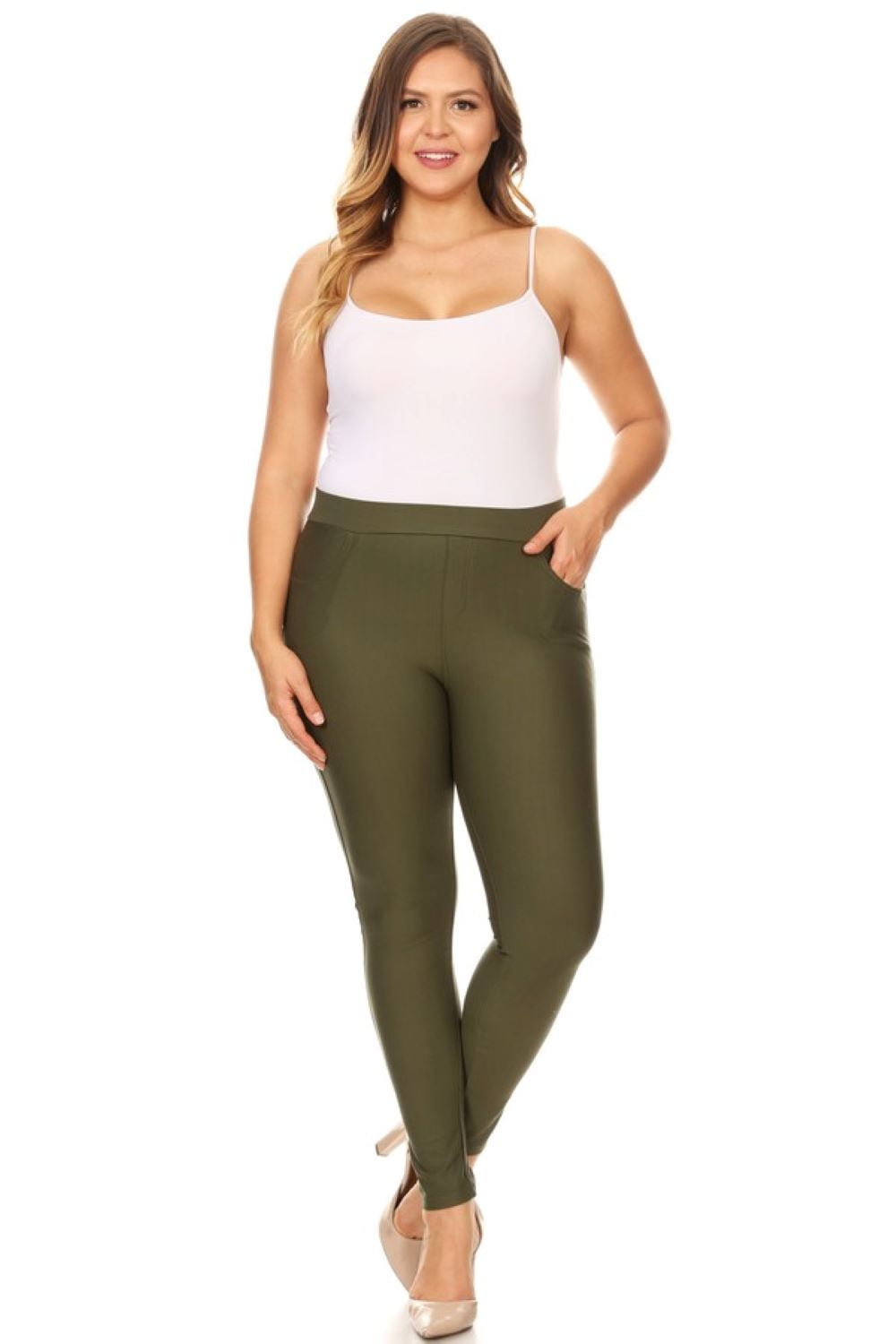 Lady's Pocket Ponte Pants Plus Size, Olive, 3XL