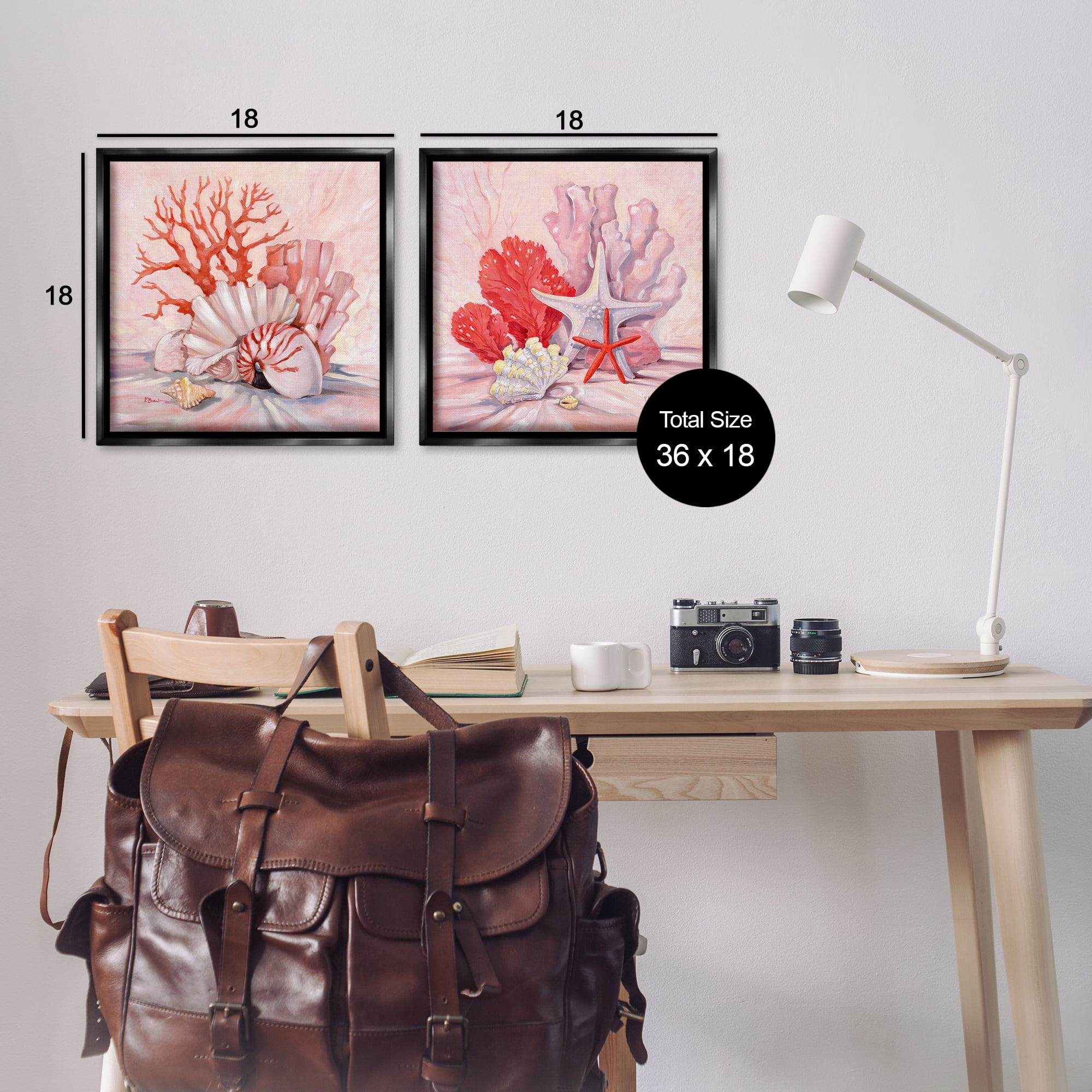 Stupell Industries Pink Coral Still Life Nautical & Beach Painting Black Floater Framed Canvas Art Print Wall Art, 18 x 18, Set of 2