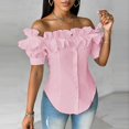 thumbnail image 5 of BYHONG Women Off Shoulder Layered Ruffles Button Down Asymmetrical Hem Top Women's Ruffle Trim Off Shoulder Short Sleeve Blouse Party Tops Shirt Pink L, 5 of 8